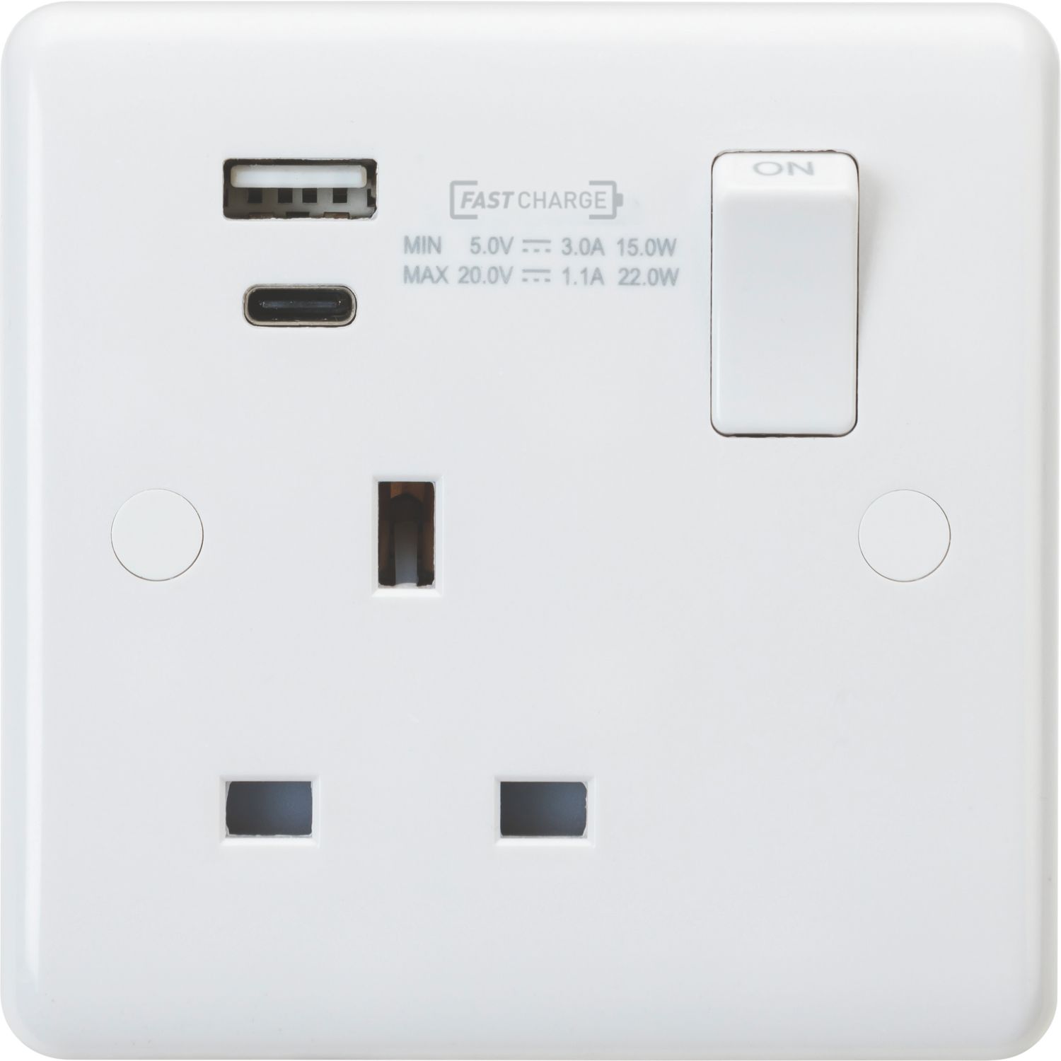 Knightsbridge Curved Edge 13A 1-Gang DP Switched Socket + 1.1A 22W 2-Outlet Type A & C USB Charger White (335YA)