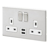 MK Aspect 13A 2-Gang DP Switched Socket + 2A 2-Outlet Type A USB Charger Brushed Stainless Steel with White Inserts