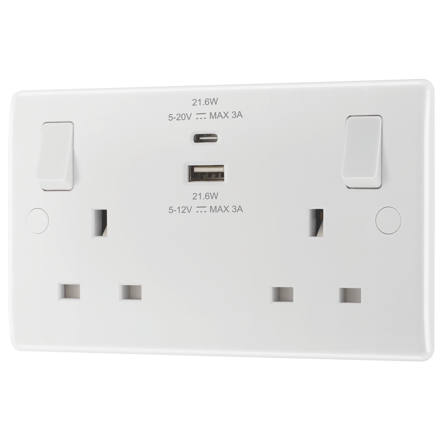 British General 800 Series 13A 2-Gang SP Switched Socket + 3A 22W 2-Outlet Type A & C USB Charger White (336PM)