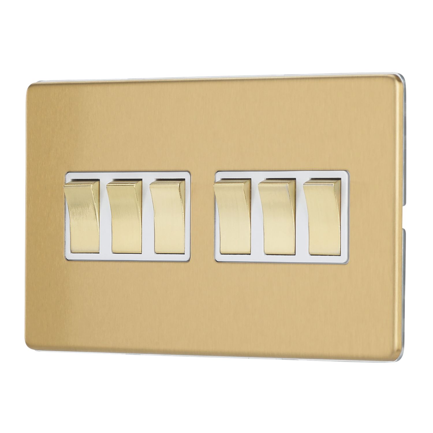 Contactum Lyric 10AX 6-Gang 2-Way Light Switch Brushed Brass with White Inserts (337RP)