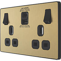 British General Evolve 13A 2-Gang SP Switched Socket + 3A 2-Outlet Type A & C USB Charger Satin Brass with Black Inserts