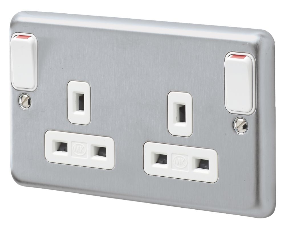 MK Albany Plus 13A 2-Gang DP Switched Plug Socket Brushed Stainless ...