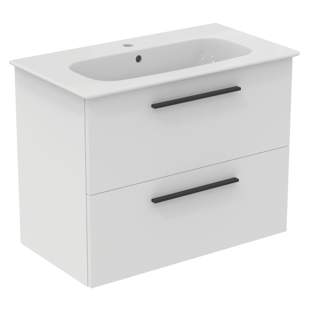 Ideal Standard i.life A Wall-Hung Vanity Unit with Black Handles & Basin Matt White 800mm x 440mm x 630mm