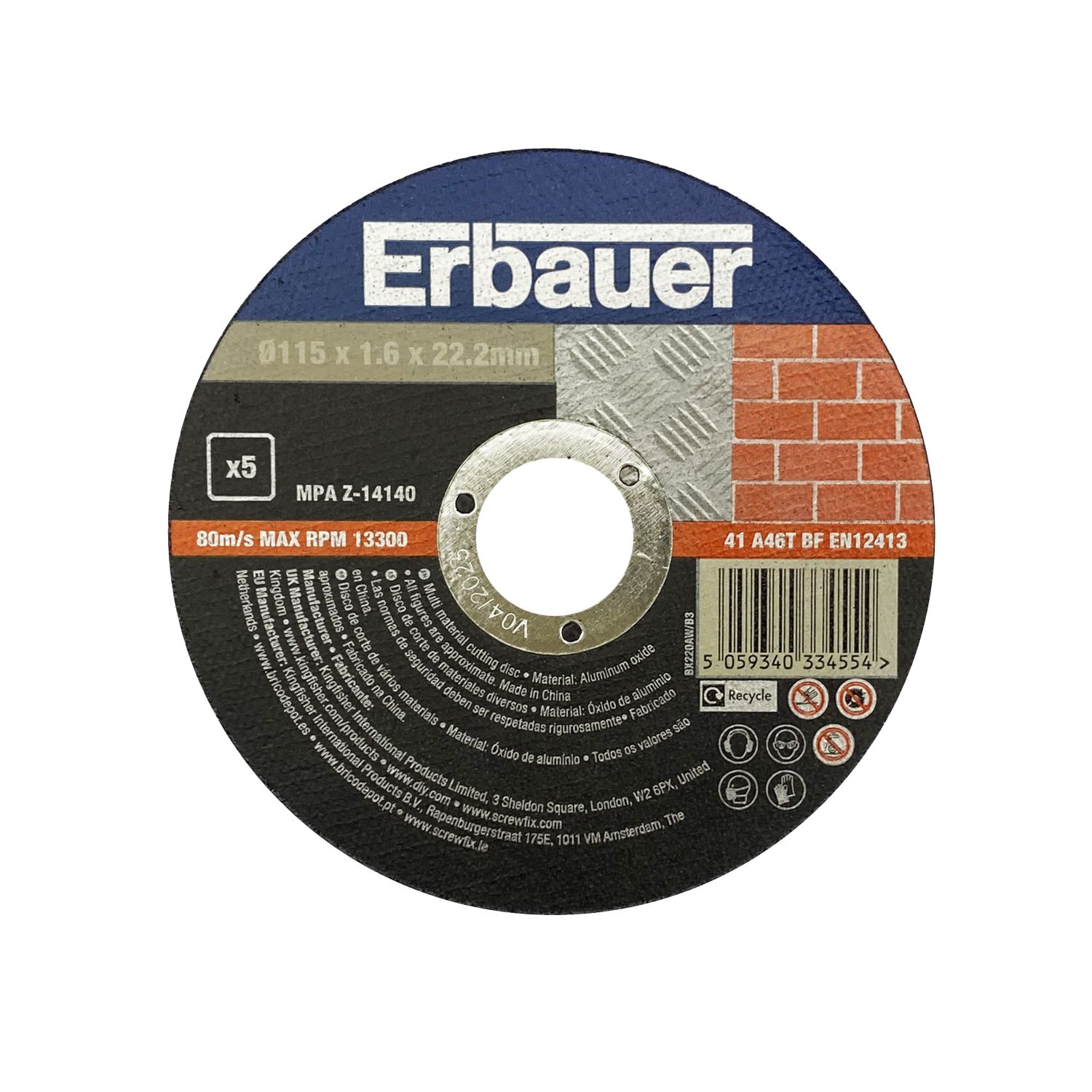 Erbauer Multi-Material Cutting Discs 115mm (4 1/2") x 22.2mm 5 Pack (345PH)
