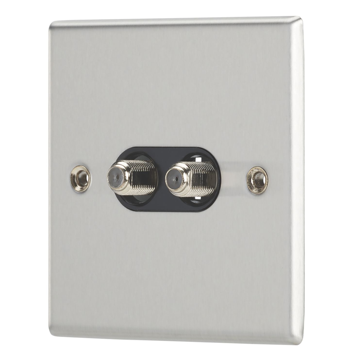 Contactum iConic 2-Gang F-Type Satellite Socket Brushed Steel with Black Inserts (345RP)