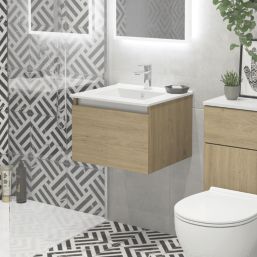 Newland  Single Drawer Wall-Mounted Vanity Unit with Basin Effect Natural Oak 500mm x 450mm x 370mm