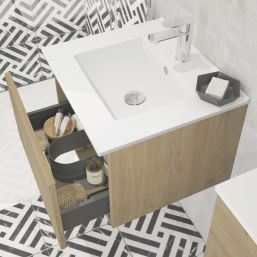 Newland  Single Drawer Wall-Mounted Vanity Unit with Basin Effect Natural Oak 500mm x 450mm x 370mm