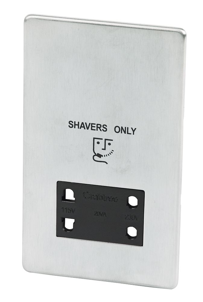 Crabtree Platinum 2-Gang Dual Voltage Shaver Socket 115 / 230V Satin Chrome with Black Inserts