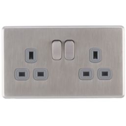 Arlec  13A 2-Gang SP Switched Socket Stainless Steel  with Grey Inserts