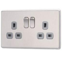 Arlec  13A 2-Gang SP Switched Socket Stainless Steel  with Grey Inserts