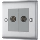 British General Nexus Metal 2-Gang Double Coaxial TV / FM Socket Brushed Steel