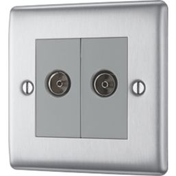 British General Nexus Metal 2-Gang Double Coaxial TV / FM Socket Brushed Steel