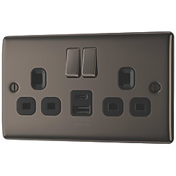 British General Nexus Metal 13A 2-Gang SP Switched Socket + 2.4A 12W 2-Outlet Type A & C USB Charger Black Nickel with Black Inserts