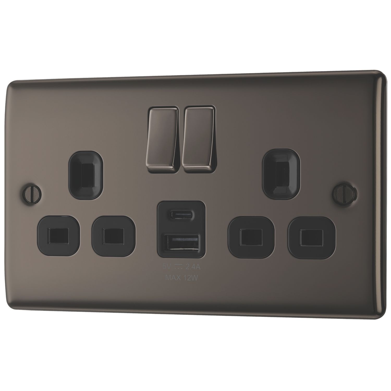 British General Nexus Metal 13A 2-Gang SP Switched Socket + 2.4A 12W 2-Outlet Type A & C USB Charger Black Nickel with Black Inserts (352PM)