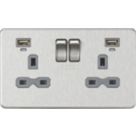 Knightsbridge  13A 2-Gang SP Switched Socket + 2.4A 12W 2-Outlet Type A USB Charger Brushed Chrome with Colour-Matched Inserts