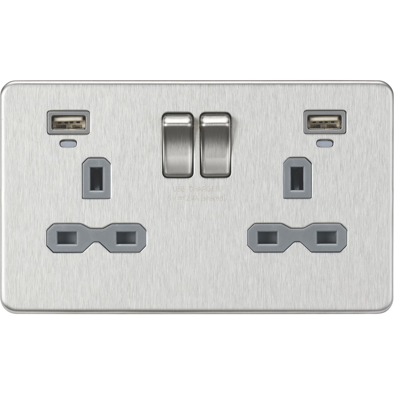 Knightsbridge 13A 2-Gang SP Switched Socket + 2.4A 12W 2-Outlet Type A USB Charger Brushed Chrome with Colour-Matched Inserts (352TX)