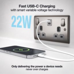 British General Nexus Metal 13A 2-Gang SP Switched Socket + 3.25A 22W 2-Outlet Type C USB Charger Black Nickel with Black Inserts