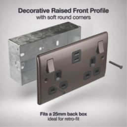 British General Nexus Metal 13A 2-Gang SP Switched Socket + 3.25A 22W 2-Outlet Type C USB Charger Black Nickel with Black Inserts