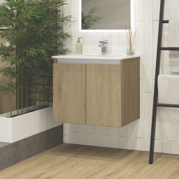 Newland  Double Door Wall-Mounted Vanity Unit with Basin Effect Natural Oak 600mm x 450mm x 540mm
