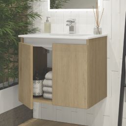 Newland  Double Door Wall-Mounted Vanity Unit with Basin Effect Natural Oak 600mm x 450mm x 540mm