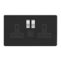 Varilight  13A 2-Gang SP Switched Socket + 3A 45W 2-Outlet Type C USB Charger Jet Black with Black Inserts