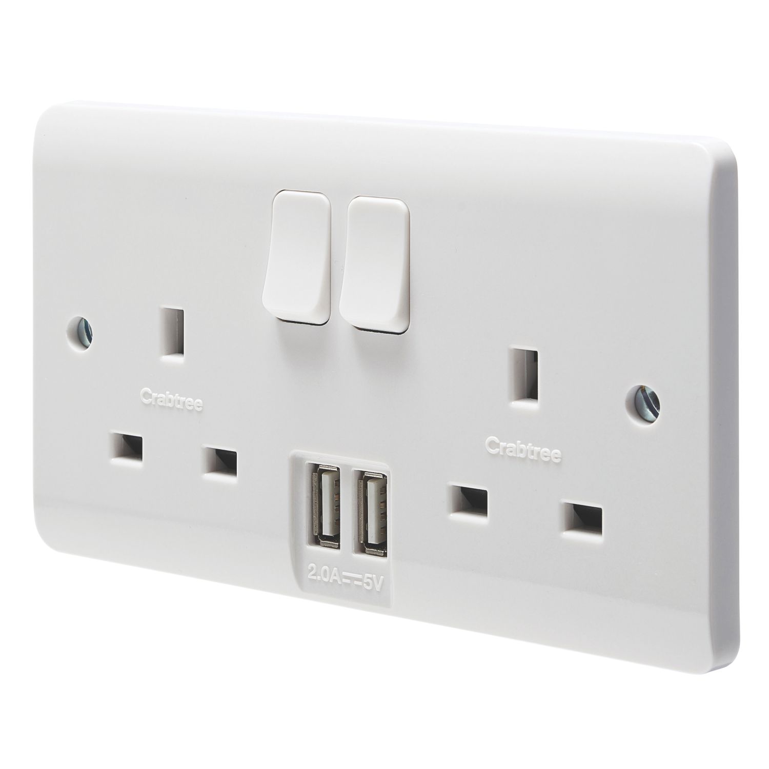 Crabtree Instinct 13A 2-Gang DP Switched Socket + 2.1A 10.5W 2-Outlet Type A USB Charger White (357HV)