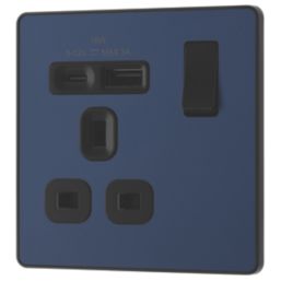 British General Evolve 13A 1-Gang SP Switched Socket + 3A 18W 2-Outlet Type A & C USB Charger Blue with Black Inserts