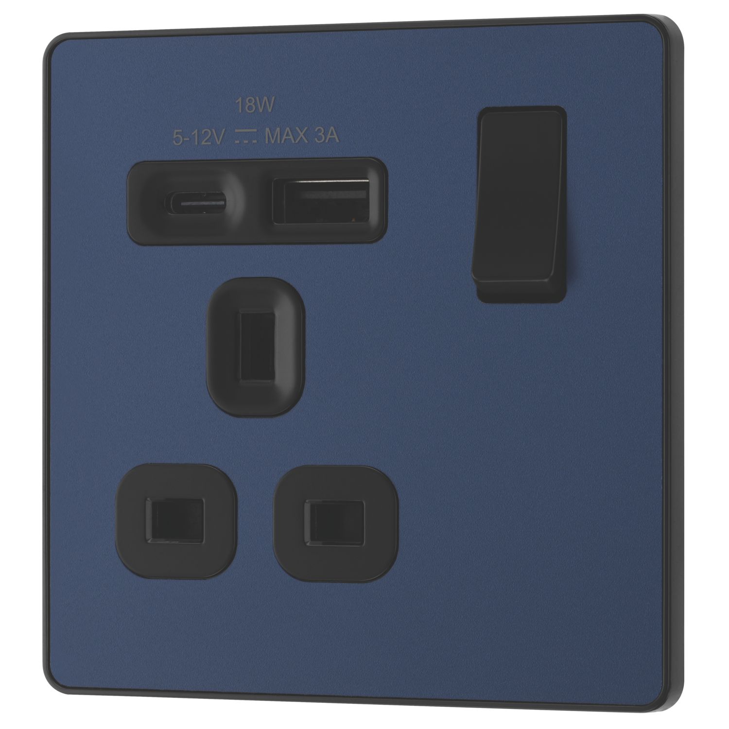 British General Evolve 13A 1-Gang SP Switched Socket + 3A 18W 2-Outlet Type A & C USB Charger Blue with Black Inserts (358CH)