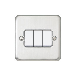 MK Contoura 10A 3-Gang 2-Way Switch  Brushed Stainless Steel with White Inserts