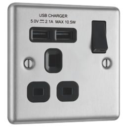 LAP  13A 1-Gang SP Switched Socket + 2.1A 10.5W 2-Outlet Type A USB Charger Brushed Stainless Steel with Black Inserts