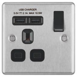 LAP  13A 1-Gang SP Switched Socket + 2.1A 10.5W 2-Outlet Type A USB Charger Brushed Stainless Steel with Black Inserts