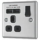 LAP  13A 1-Gang SP Switched Socket + 2.1A 2-Outlet Type A USB Charger Brushed Stainless Steel with Black Inserts
