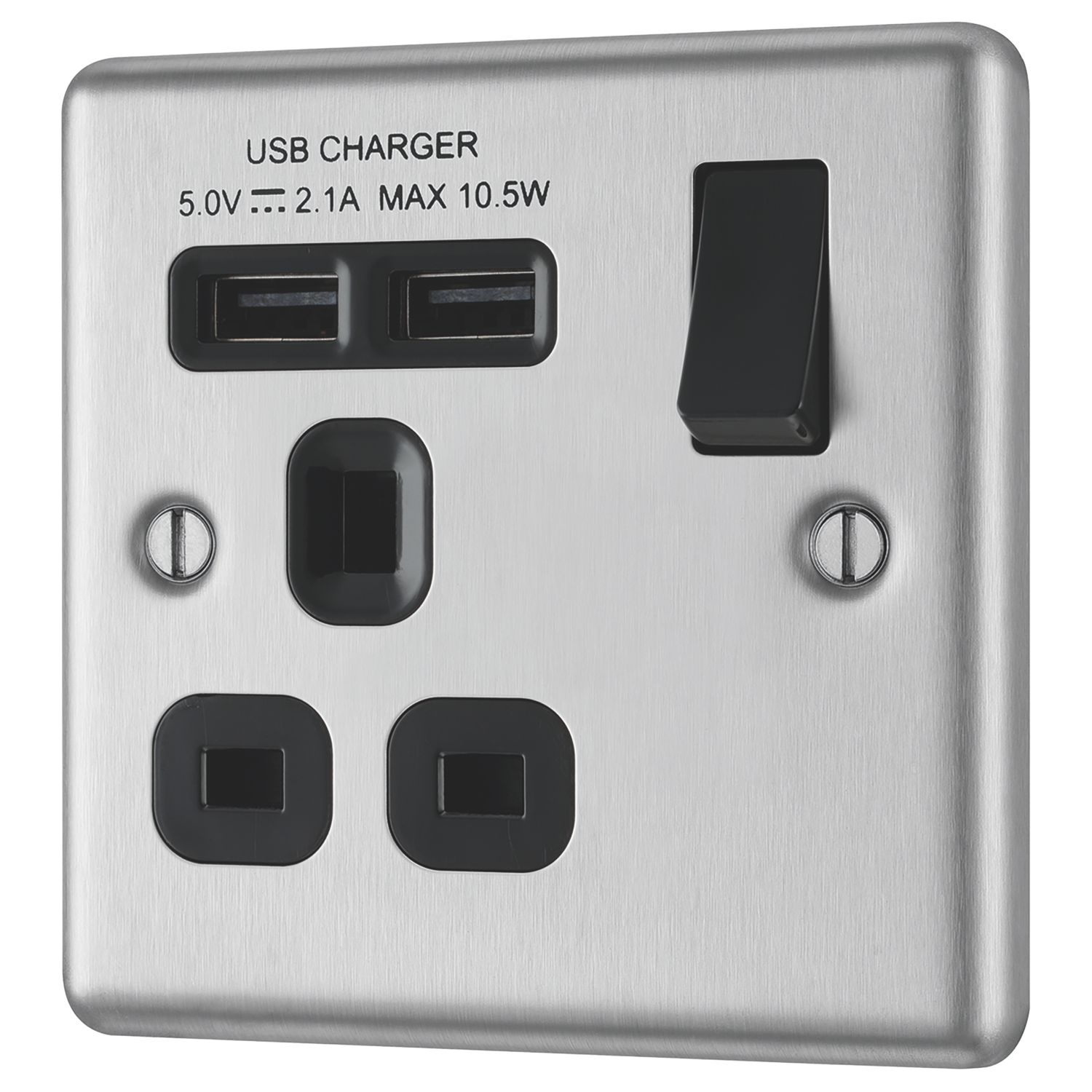 LAP 13A 1-Gang SP Switched Socket + 2.1A 10.5W 2-Outlet Type A USB Charger Brushed Stainless Steel with Black Inserts (3597F)
