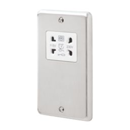 MK Contoura 2-Gang Dual Voltage Shaver Socket 115/230V Brushed Stainless Steel with White Inserts
