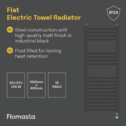 Flomasta 1000mm x 400mm 853BTU Black Flat Electric Towel Radiator