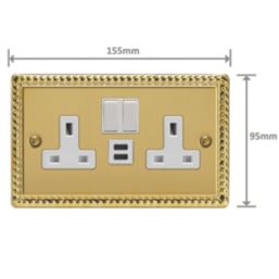 Varilight  13A 2-Gang SP Switched Socket + 3A 45W 2-Outlet Type C USB Charger Georgian Brass with White Inserts