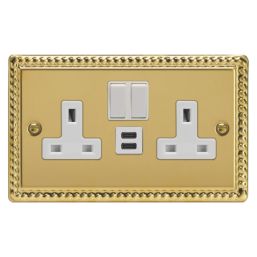 Varilight  13A 2-Gang SP Switched Socket + 3A 45W 2-Outlet Type C USB Charger Georgian Brass with White Inserts
