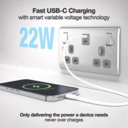 British General Nexus Metal 13A 2-Gang SP Switched Socket + 3.25A 22W 2-Outlet Type C USB Charger Brushed Steel with Grey Inserts
