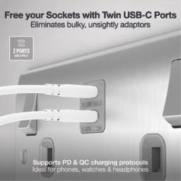 British General Nexus Metal 13A 2-Gang SP Switched Socket + 3.25A 22W 2-Outlet Type C USB Charger Brushed Steel with Grey Inserts