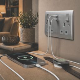British General Nexus Metal 13A 2-Gang SP Switched Socket + 3.25A 22W 2-Outlet Type C USB Charger Brushed Steel with Grey Inserts