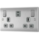 British General Nexus Metal 13A 2-Gang SP Switched Socket + 3.25A 22W 2-Outlet Type C USB Charger Brushed Steel with Grey Inserts