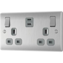 British General Nexus Metal 13A 2-Gang SP Switched Socket + 3.25A 22W 2-Outlet Type C USB Charger Brushed Steel with Grey Inserts