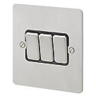 MK Edge 10AX 3-Gang 2-Way Light Switch  Brushed Stainless Steel with Black Inserts