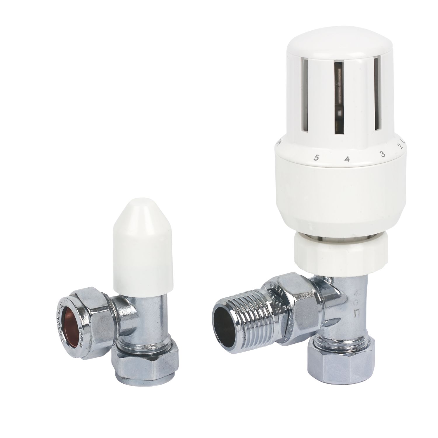 15mm x 1/2" White Angled & L/S Standard Thermostatic Radiator Valve & Lockshield (36326)