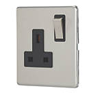 Contactum Lyric 13A 1-Gang DP Switched Socket Outlet Brushed Steel  with Black Inserts
