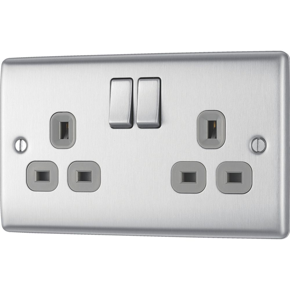 British General Nexus Metal 13A 2-Gang DP Switched Plug Socket Brushed Steel  with Graphite Inserts