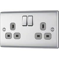 British General Nexus Metal 13A 2-Gang SP Switched Plug Socket Brushed Steel  with Graphite Inserts
