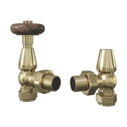 ETAL Harrow 15mm x 1/2" Brushed Brass Angled Traditional Thermostatic Radiator Valve & Lockshield