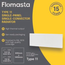 Flomasta 600mm x 1400mm 4542BTU White Type 11 Convector Radiator