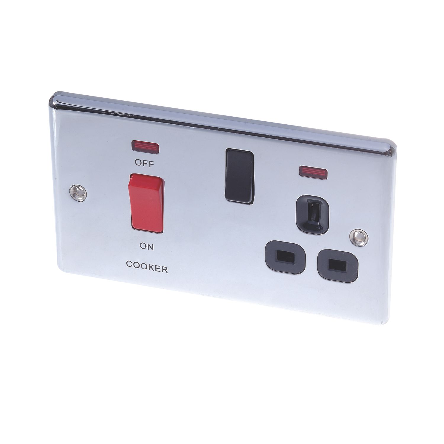 LAP 45A 2-Gang DP Cooker Switch & 13A DP Switched Socket Polished Chrome with Neon with Black Inserts (36607)